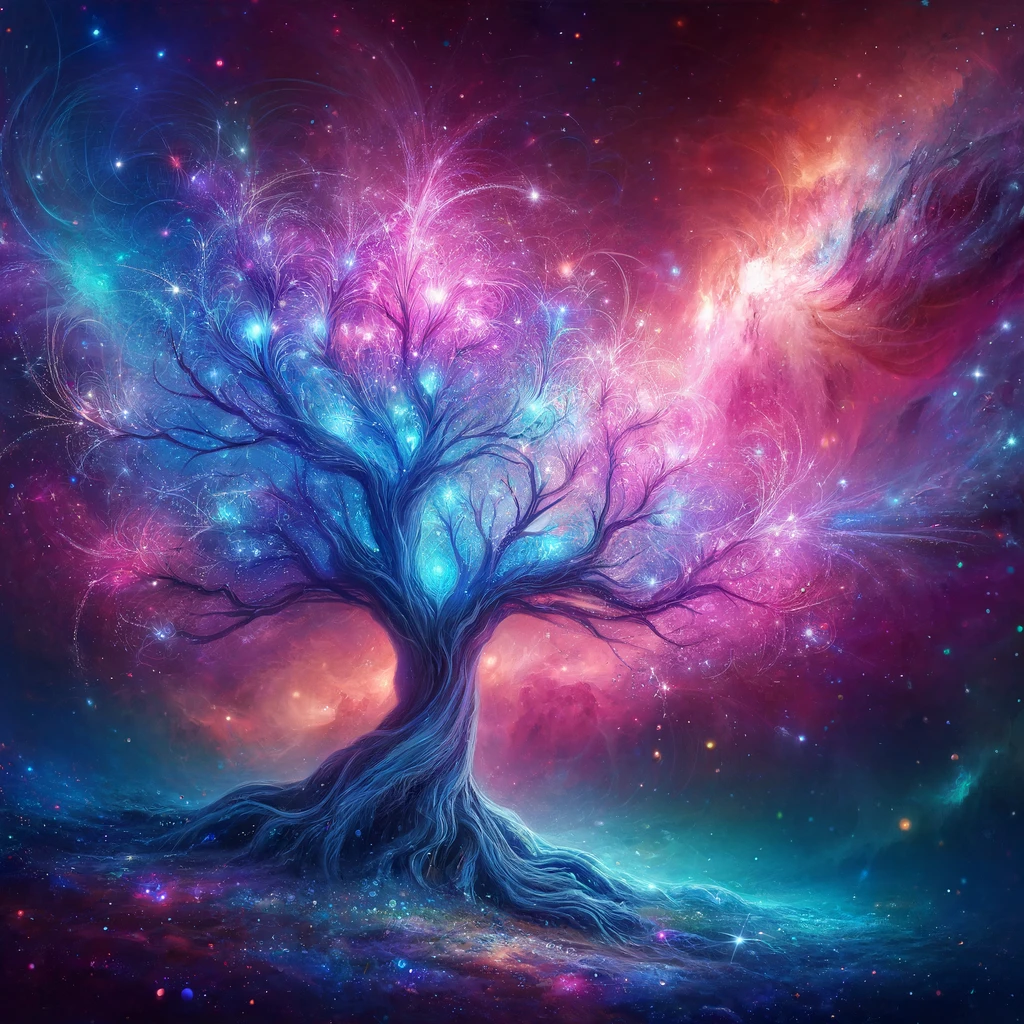 DALL·E 2024-05-30 11.53.57 - A cosmic, ethereal, colorful celestial wishing tree. The tree has an intricate, otherworldly design with branches and leaves glowing in vibrant hues o